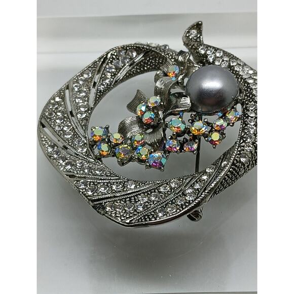 Gorgeous Vintage Estate Silver Grey Pearl Rhinestone Crystal AB Brooch - Picture 7 of 13